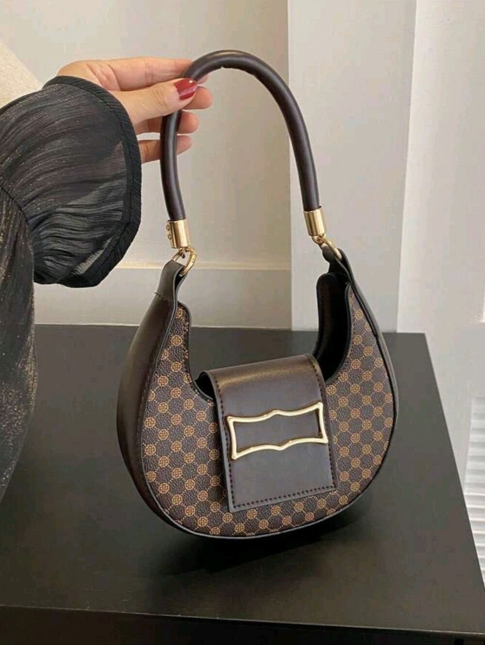 BRAND NEW ** Brown Patterned Crescent Shoulder Bag with Gold Accent